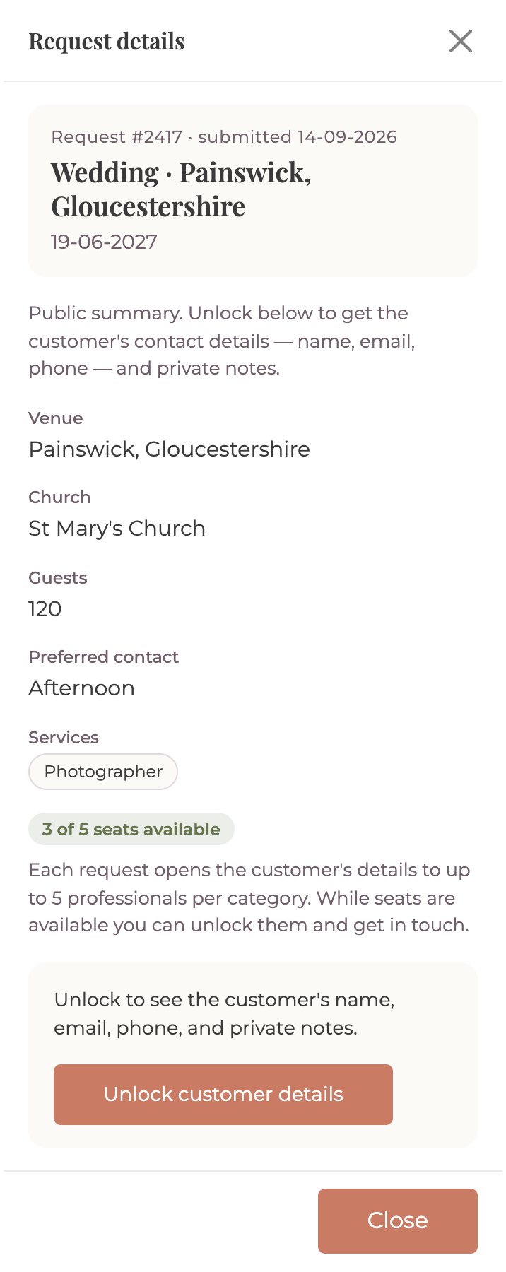 Request details on a phone: venue Painswick, Gloucestershire, St Mary's Church, 120 guests, photographer, 3 of 5 seats available, and an Unlock customer details button