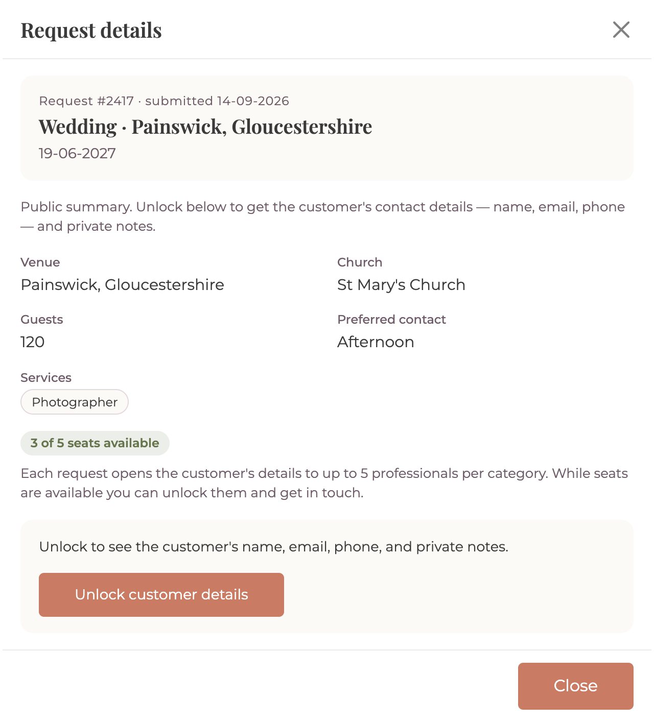 Request details in the app: venue Painswick, Gloucestershire, St Mary's Church, 120 guests, afternoon contact, photographer, 3 of 5 seats available, and an Unlock customer details button