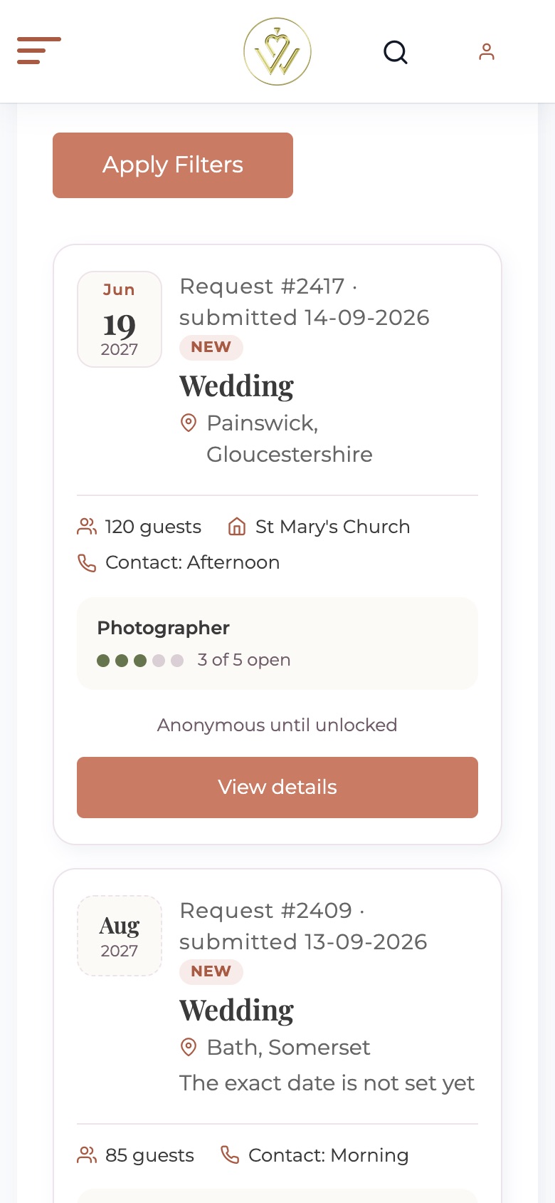 A lead card from the app: Request 2417, a wedding in Painswick, Gloucestershire on 19 June 2027, 120 guests at St Mary's Church, photographer seats 3 of 5 open, anonymous until unlocked, View details