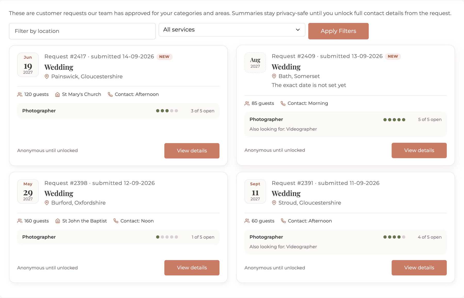 The Leads page in the app, showing four anonymous wedding briefs in Painswick, Bath, Burford and Stroud, each with guest numbers, seats open and a View details button