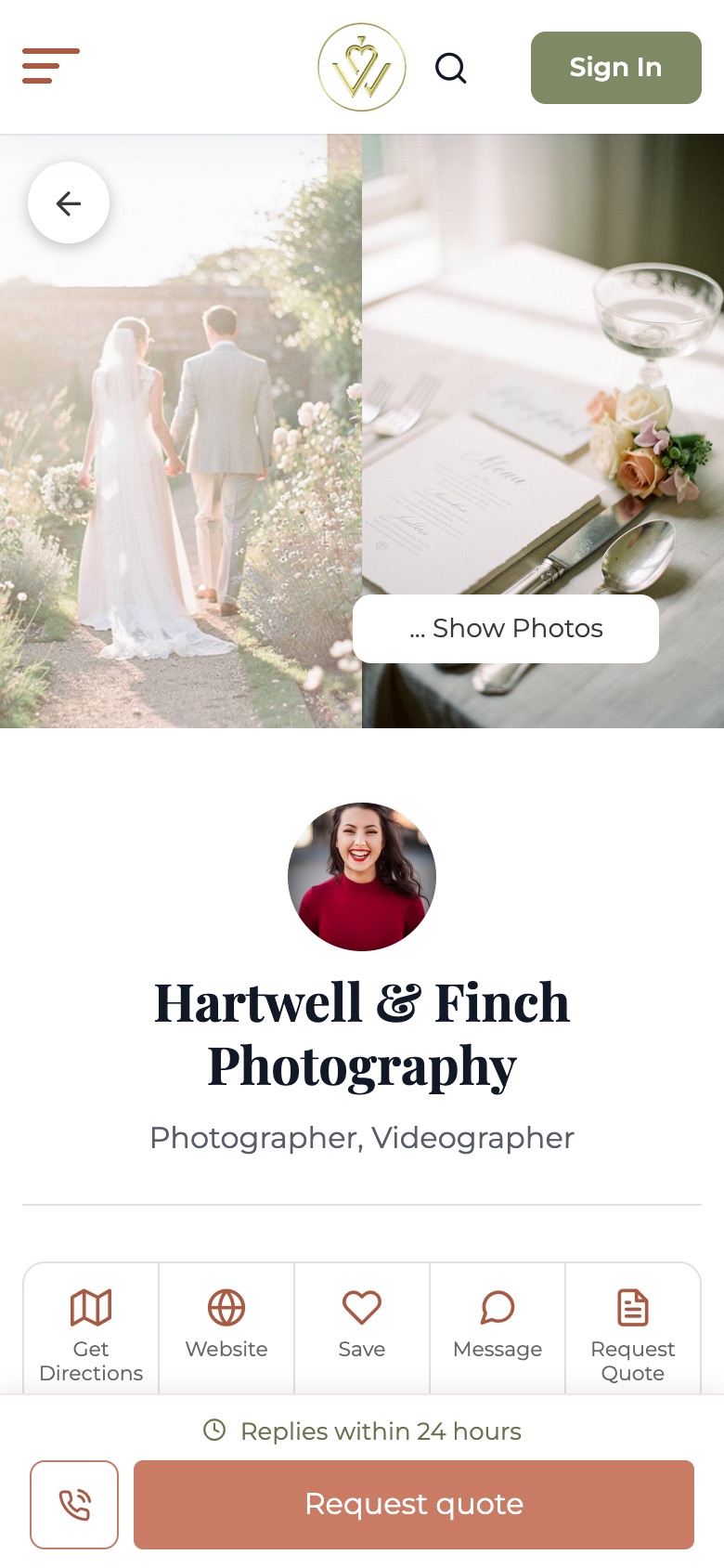 The same profile on a phone, with gallery photographs, Message and Request Quote buttons and a Request quote bar