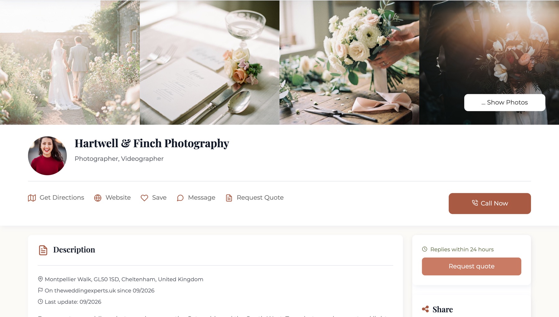 A supplier profile in the app for Hartwell and Finch Photography, with a strip of wedding photographs and Message, Request Quote and Call Now buttons