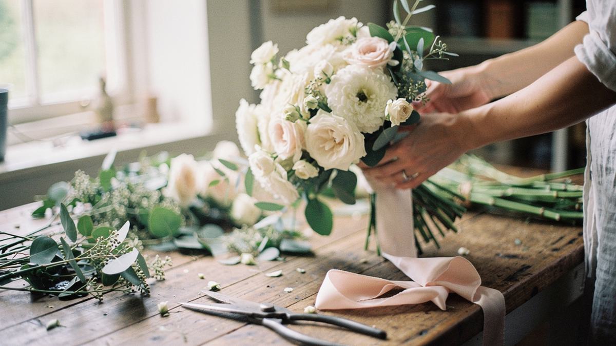 A florist arranging a white and blush wedding bouquet on a wooden worktable in daylight